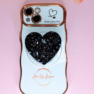 Resin Heart Phone Grip: Black & Rose Gold Faux Druzy Geode