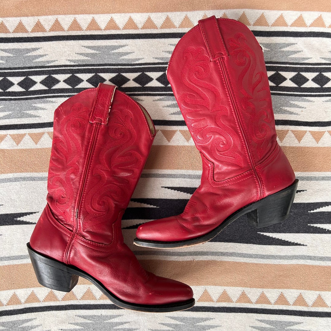 Vintage Embroidered Red Leather Cowboy Boots Etsy