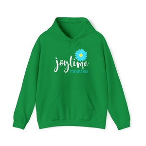 May include: Green hooded sweatshirt with a white graphic of a flower and the text "joytime ministries".