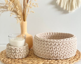 Crochet Storage Basket, Recycled Cotton Cord Basket, Table Decor, Housewarming Gift, Boho Rustic Decor, Handmade Basket