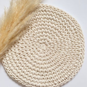 May include: A round, cream-coloured crocheted coaster with a textured pattern.