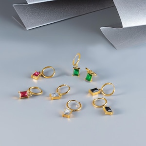 18K Christmas Square Stone Hoops • Huggie Hoop Diamond, Peridot,Ruby & Black Onyx Stone Charms • Modern Classic Zircon Earrings