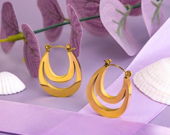 18K Double Layer Earrings • Water Drop Shape Stainless Steel Hoop Earrings • The Best Christmas Gift • Gift For Her
