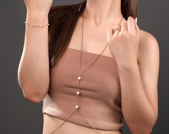 18K Beach Summer Pearl Bra Chain Jewelry with 3 Pearls • Elegant but Dainty Aesthetic Body Jewelry • X Shape Butterfly Stainless Steel Gift