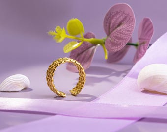 18K Open Design Adjustable Chunky Woven Twisted Ring • Minimalist Woven Wide Ring • Stylish Accent to Outfit •Antitarnish Unisex Dainty Band
