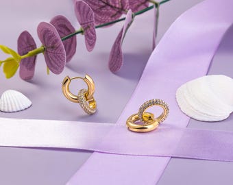 18K Interlocking Diamond and Plain Hoop Earrings • Dainty Gold Plated Zircon Double Circle Stainless Steel Hoop Earrings • New Year Gift