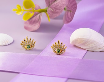 18K Gold Plated Unisex Diamond Evil eye Earrings With the Unique Design • Simple and Dainty Everyday Waterproof and Antitarnish Earrings