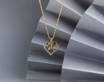 18K Custom Butterfly with Peridot Wings on Heart Pendant • 16 inches Zircon Butterfly Shape Charm