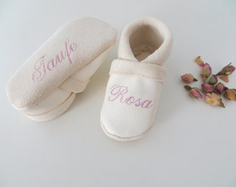 Christening shoes embroidered with name, date, angel and baptism