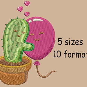 Cactus  Balloon Love Machine Embroidery Design, 5 sizes, 10 formats. Instant Download