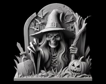 Graveyard Witch 3D Illusion Laser Engraving File: Gothic Halloween Decor (Lightburn Ready)