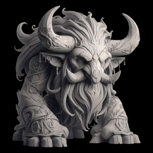 May include: A detailed, white, 3D printed sculpture of a mythical creature with a large, bushy beard, horns, and intricate details. The sculpture is posed in a crouching position.