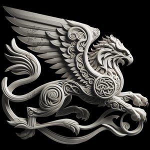 Può includere: Una scultura bianca di grifone finemente scolpita con le ali spiegate. La scultura è dettagliata con nodi celtici e motivi a spirale.