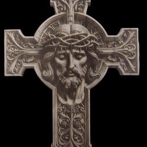 May include: A wooden cross with intricate carvings and a detailed image of Jesus Christ's face with a crown of thorns.