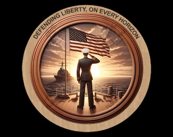 May include: A round wooden plaque with a brown frame and a picture of a sailor saluting the American flag on a ship at sunset. The text "DEFENDING LIBERTY, ON EVERY HORIZON" is inscribed around the frame.