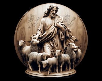 Può includere: Una scultura in legno di Gesù Cristo come il Buon Pastore, in piedi con un gregge di pecore. La scultura è dettagliata e realistica, con un caldo tono di legno marrone.