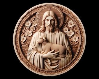 Può includere: Una scultura in legno di Gesù che tiene un agnello tra le braccia. La scultura è in una cornice circolare con un motivo floreale.