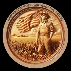 May include: A wooden carving of a farmer standing in a field of wheat, holding an American flag. The carving is circular and has the text "HARVESTING HOPE, GROWING THE NATION" around the edge.