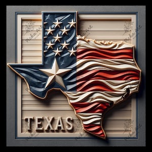 May include: A wooden carving of the state of Texas, with the American flag draped over it. The carving is painted in red, white, and blue, and the word "TEXAS" is carved below the state outline.