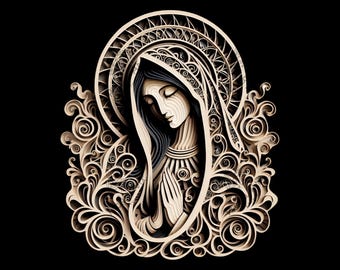 May include: A detailed, intricate paper cut-out of a woman with her head bowed in prayer. The woman is surrounded by ornate floral designs and a halo. The artwork is in shades of brown and black against a black background.