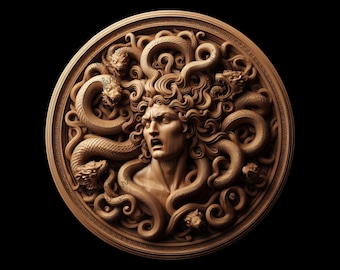 May include: A wooden carving of Medusa, the Greek mythological figure with snakes for hair, surrounded by intricate details. The carving is in a circular frame and features a detailed depiction of Medusa's face and snakes.