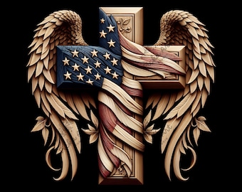 Peut inclure: Une croix en bois sur laquelle est drapé un drapeau américain. La croix est entourée de deux ailes en bois sculptées.