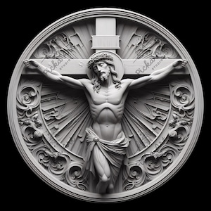 Peut inclure: Un relief sculpté rond et blanc de Jésus-Christ sur la croix. La sculpture est entourée d'un cadre décoratif et orné.