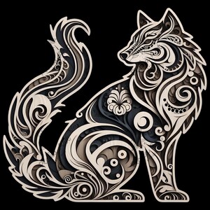 May include: A black and white intricate design of a wolf with a floral pattern. The wolf is sitting with its tail curled around its body.
