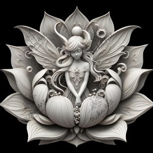 Può includere: Una scultura bianca tridimensionale di una fata con le ali seduta all'interno di un fiore di loto.