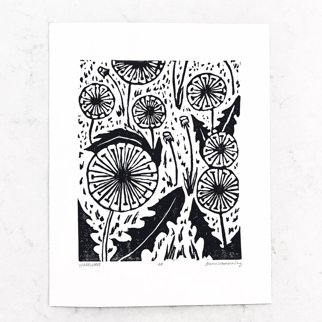 Dandelions Linocut Print Dandelion Block Print Black and Etsy UK