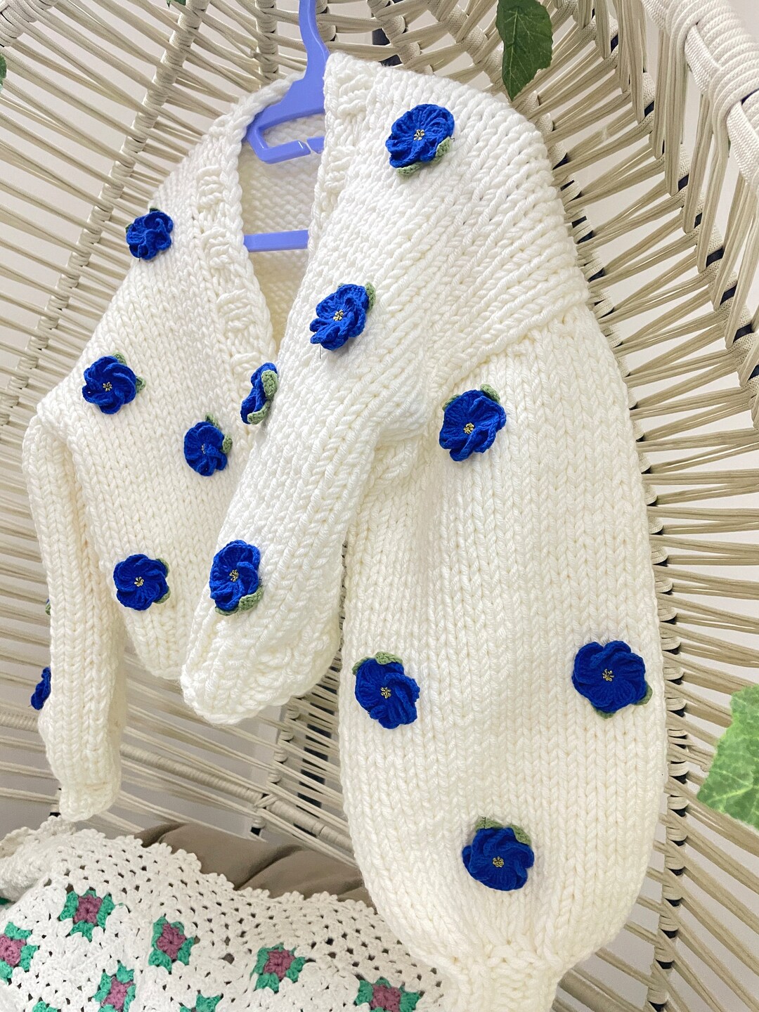 Blue Rose Chunky Knit Cardigan: Handmade Trendy Sweater - Etsy