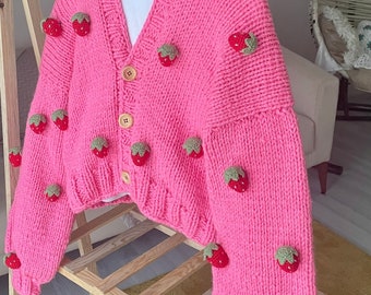 Red Strawberry Cardigan, Strawberry Embroidered Cardigan, Cute Knitted Sweater , Fruit Embroidered Sweater, mothers day gift