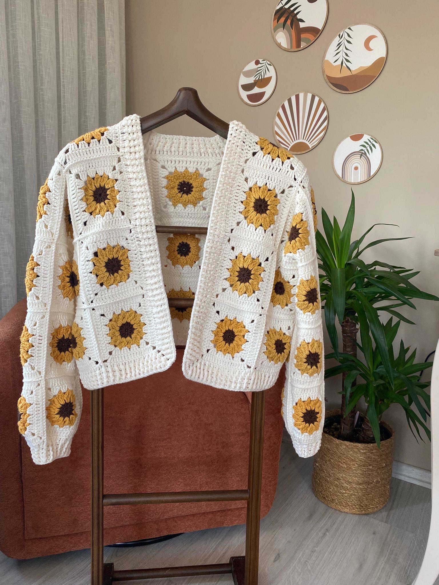 Sunflower ASKE Sweater M ours モーガン蔵人 Crochet Sunflower Cardigan: Organic Cotton Boho Sweater - Etsy