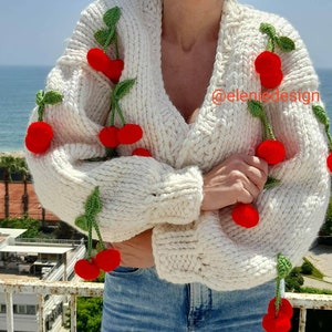 V-neck Cherry Embellished Cardigan Cropped Knitted Sweater