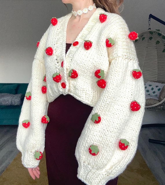 赤いイチゴのクロシェカーディガン、イチゴの刺繍入りセーター、彼女へ