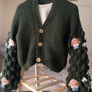 Green mushroom cardigan, Mushroom sweater, red Embroidered Mushroom Cardigan Thick Knitted Cardigan, Mothers day Gift