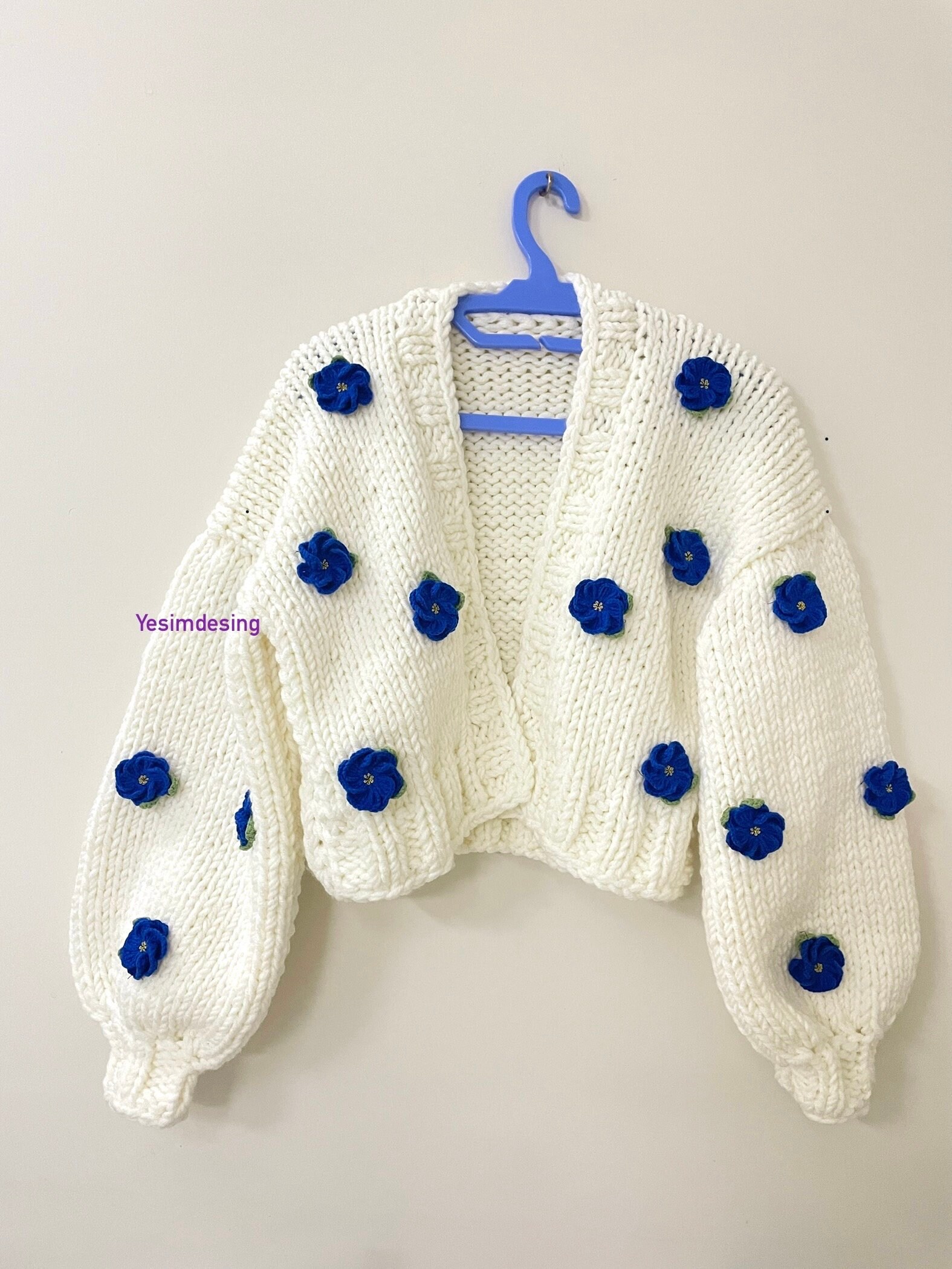 Blue Rose Chunky Knit Cardigan: Handmade Trendy Sweater - Etsy