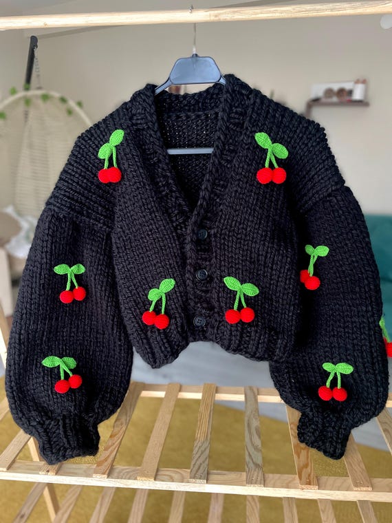 Hand Knit Chunky Cherry Cardigan: Women's Wool Sweater - Etsy