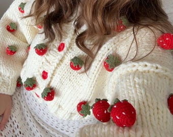 赤いイチゴのクロシェカーディガン、イチゴの刺繍入りセーター、彼女へ