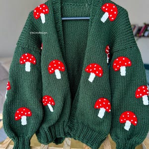 Handmade Embroidered Mushroom Cardigan: Green Knitted Sweater