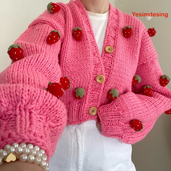 Strawberry Embellished Long Sleeve Cardigan Sweater