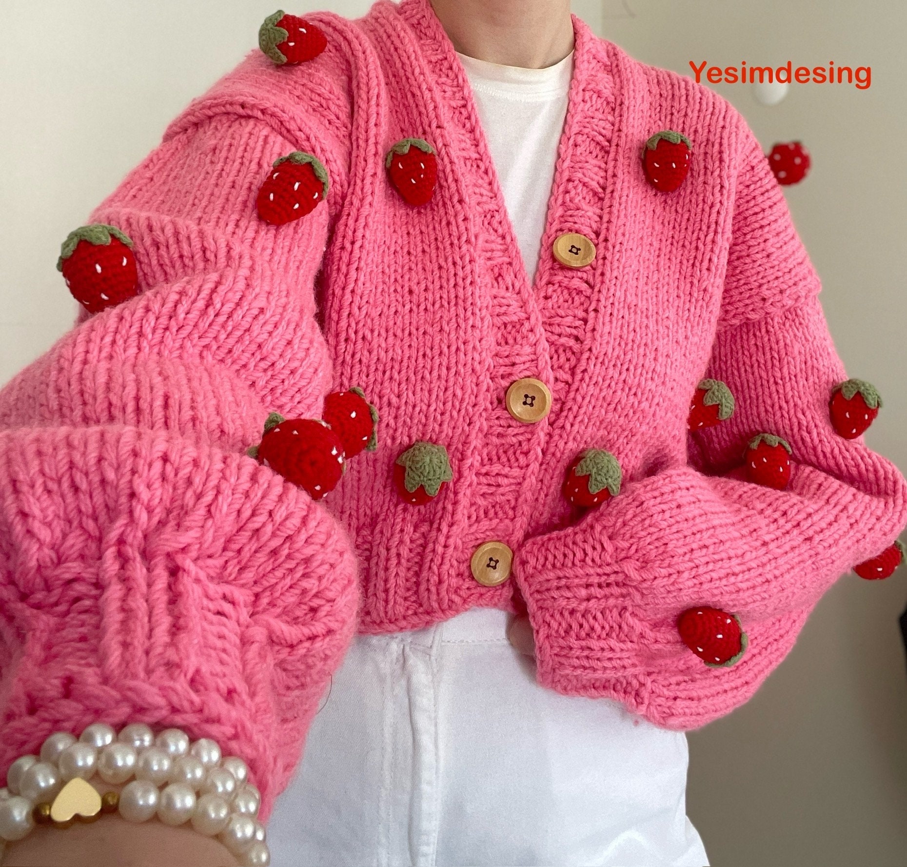 Red Strawberry Embroidered Knit Cardigan, Handmade Sweater - Etsy