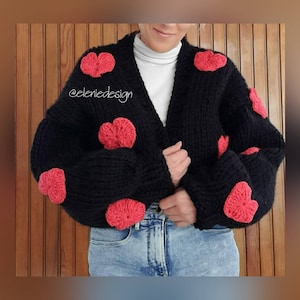 Heart print cardigan, chunky cardigan, cropped chunky sweater, mothers day gift