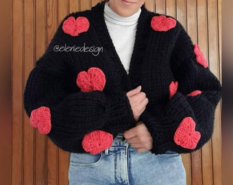 Handmade Heart Print Chunky Knit Cardigan: Cropped Sweater