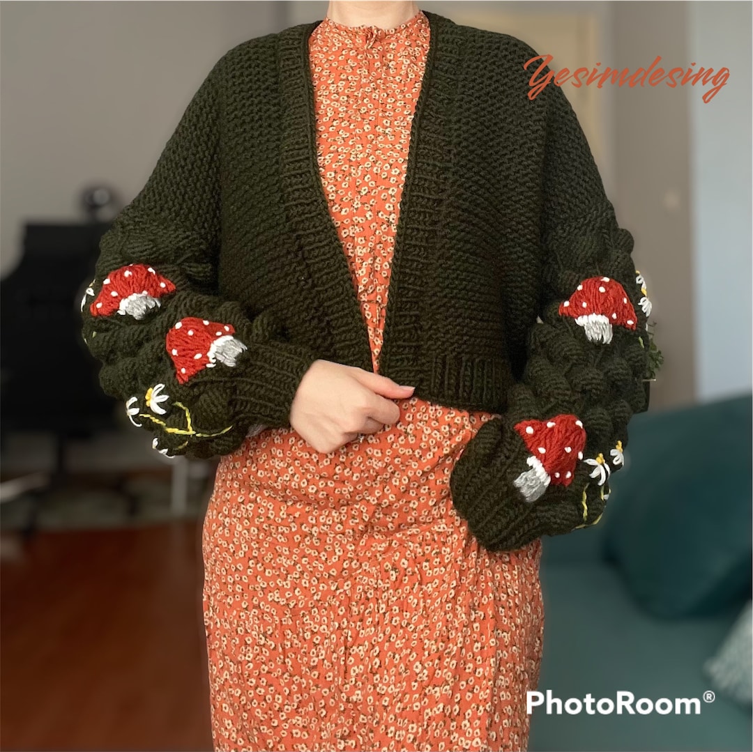 Green Mushroom Cardigan, Mushroom Sweater, Red Embroidered Mushroom ...