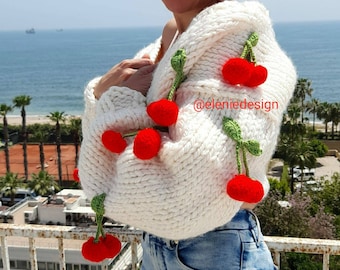 3D Cherry Knit Cardigan: Chunky Wool Sweater