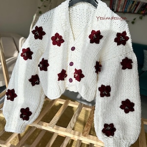 Hand Knit Floral Cardigan: Burgundy Winter Knitwear