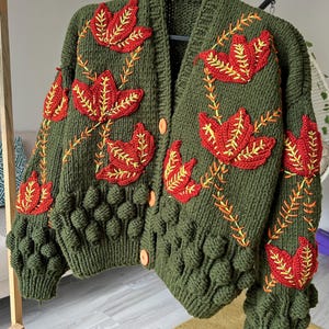 Embroidered Mushroom Dark Green Cardigan, Cottagecore Knit Sweater, cottagecore gifts