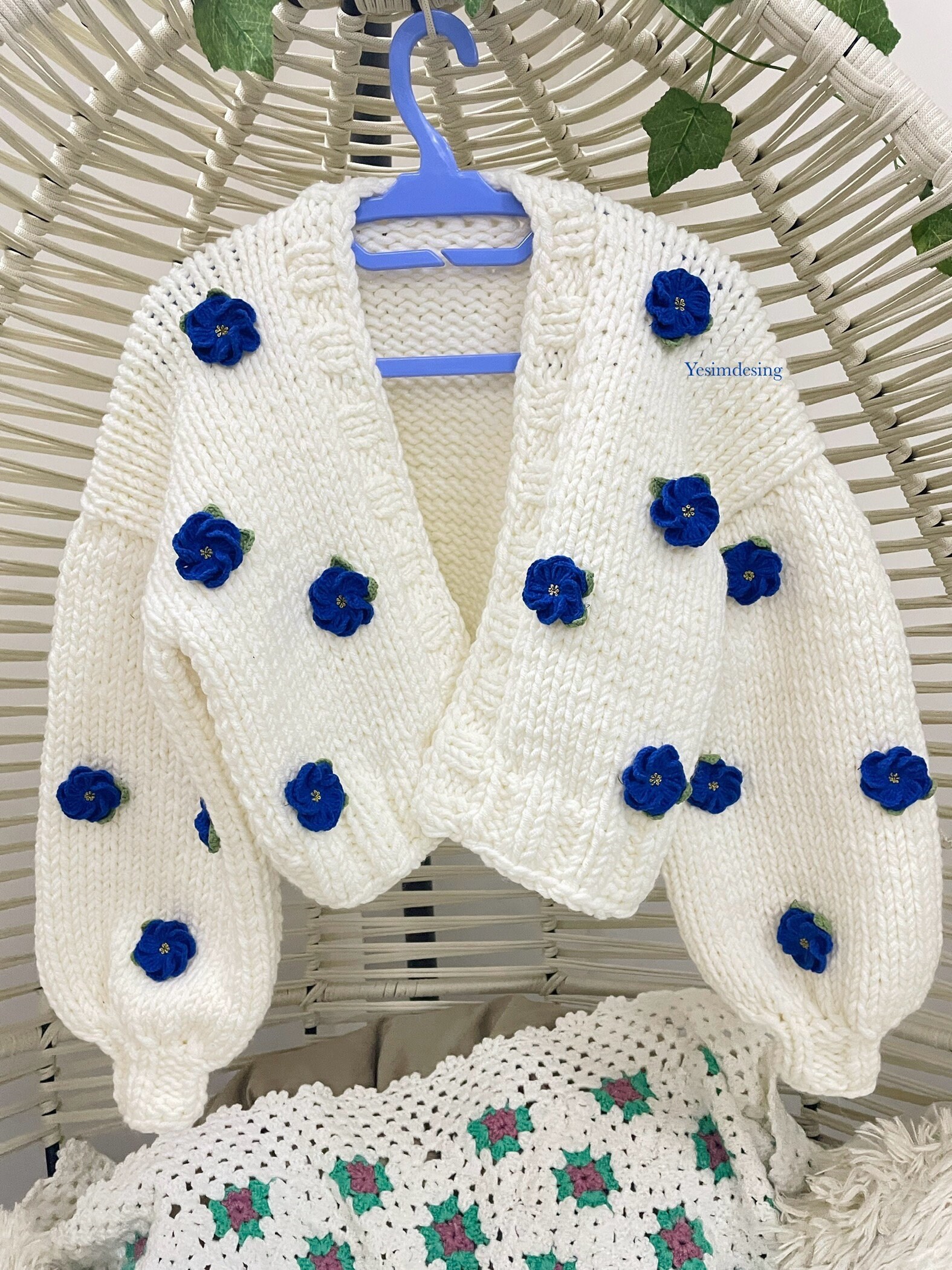 Blue Rose Chunky Knit Cardigan: Handmade Trendy Sweater - Etsy