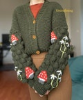 Embroidered Mushroom Dark Green Cardigan, Cottagecore Knit Sweater, cottagecore gifts